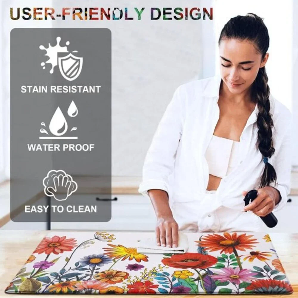 New Set of 2 White Floral Kitchen Mat, Anti-Fatigue, Cushioned, Non-Slip Mats